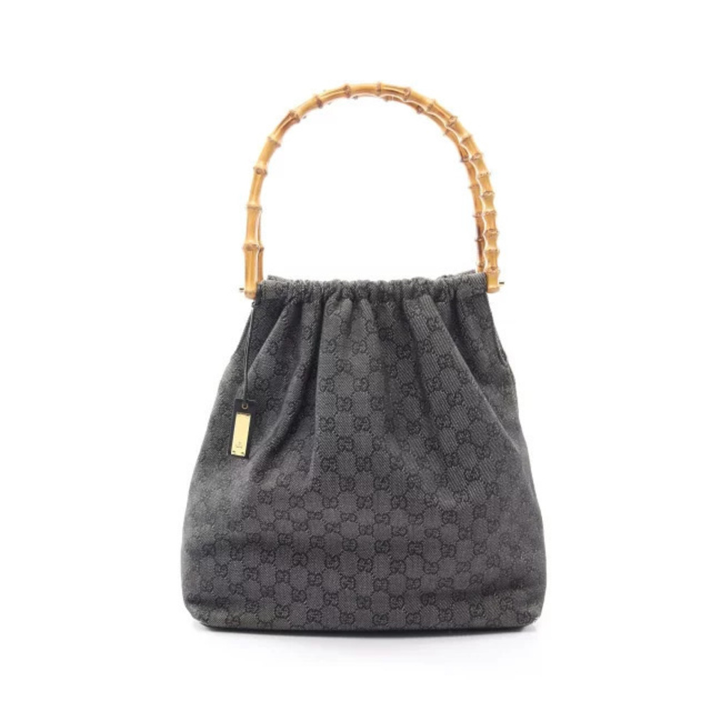 Gucci Bamboo GG Shoulder Bag Canvas Leather Navy Blue